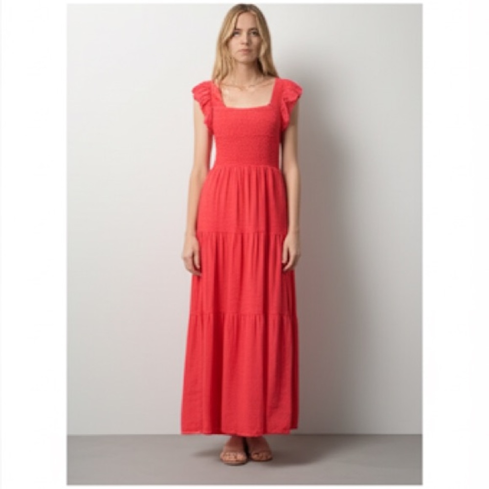 LUCKY.BRAND/Red.Ruched.Tiered.Maxi Dress